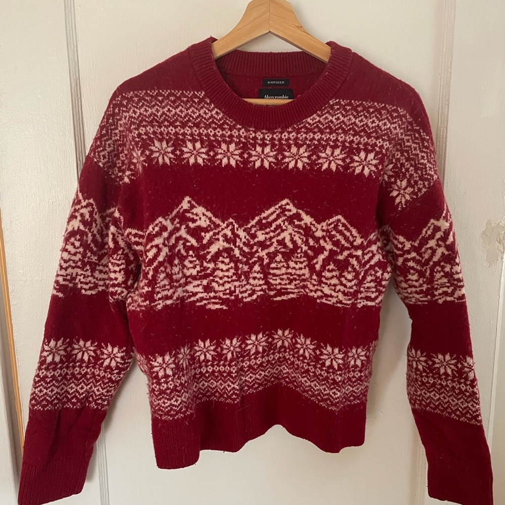 Abercrombie & Fitch Red and White Crewneck Sweater with Nordic Patterns